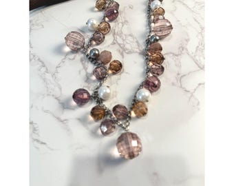 Faceted Acrylic Beaded Necklace: Smokey Faux Pearl Boho Chic Statement