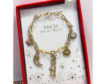 Pulsera de Piscis con dijes del zodíaco, joyería del horóscopo en tono dorado