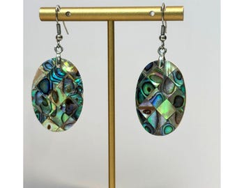 Pendientes colgantes de mosaico con incrustaciones de abulón, joyería inspirada en el océano, concha iridiscente.