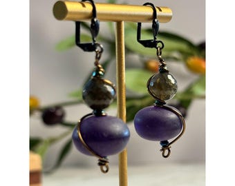 Labradorite & Purple Glass Dangle Earrings: Boho Style