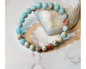Pulsera elástica de calcedonia hecha a mano: Joyería bohemia con piedras curativas