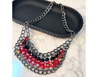 Gargantilla de cuentas color gris plomo, cuentas de vidrio iridiscentes rojas y negras, joyería de moda
