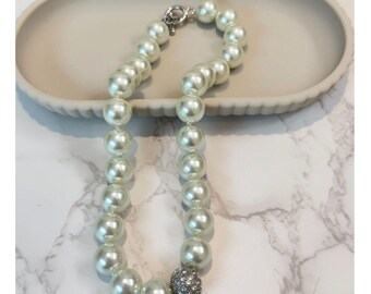 Faux Pearl Choker Necklace, Rhinestone Accent, Bridal Jewelry