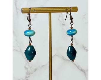 Pendientes colgantes de cerámica vintage: joyería bohemia azul verdoso hecha a mano