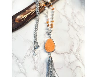 Vera Wang Druzy Tassel Pendant Necklace - 30-inch Beaded Boho Statement Jewelry
