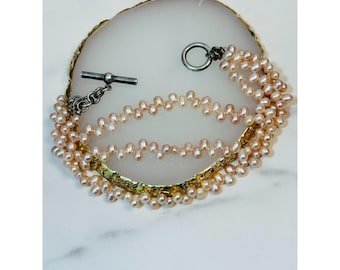 Pulsera vintage de plata esterlina con perlas de agua dulce de múltiples hebras, joyería de cuentas rosa pálido, cierre de palanca.