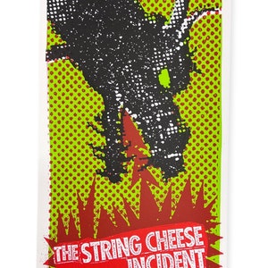 May include: A green and red concert poster with a black and white illustration of a dragon. The poster advertises a concert for The String Cheese Incident and Ratdog on June 30, 2006 at The Great Saltair in Magna, Utah.