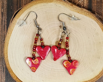 Dangle Heart Earrings - Red and Gold - Lightweight Ear Wires - Valentine Gift for Her - Heart Jewelry - Accessories to Show Love