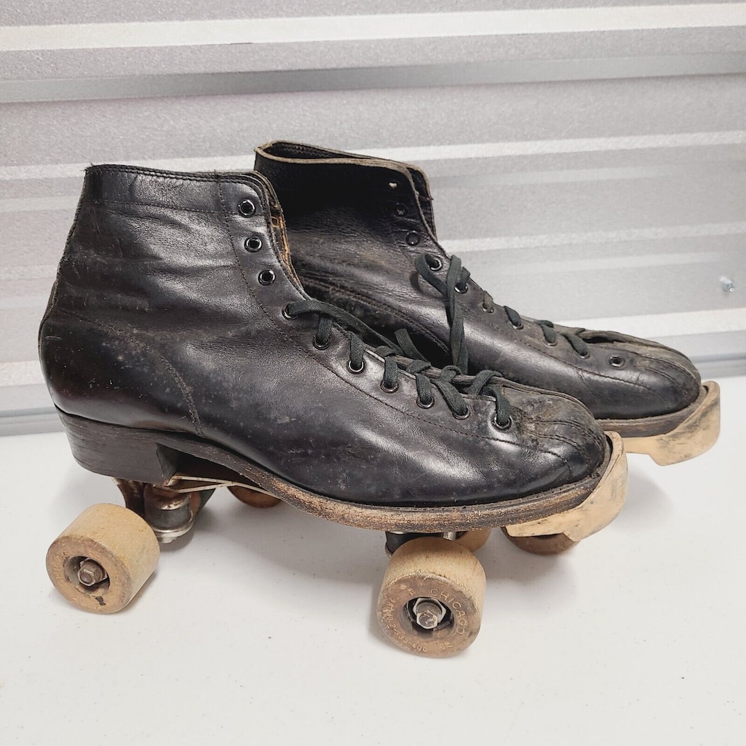Vintage Chicago Hyde Roller Skates Black Leather Skate Size 910, Wood