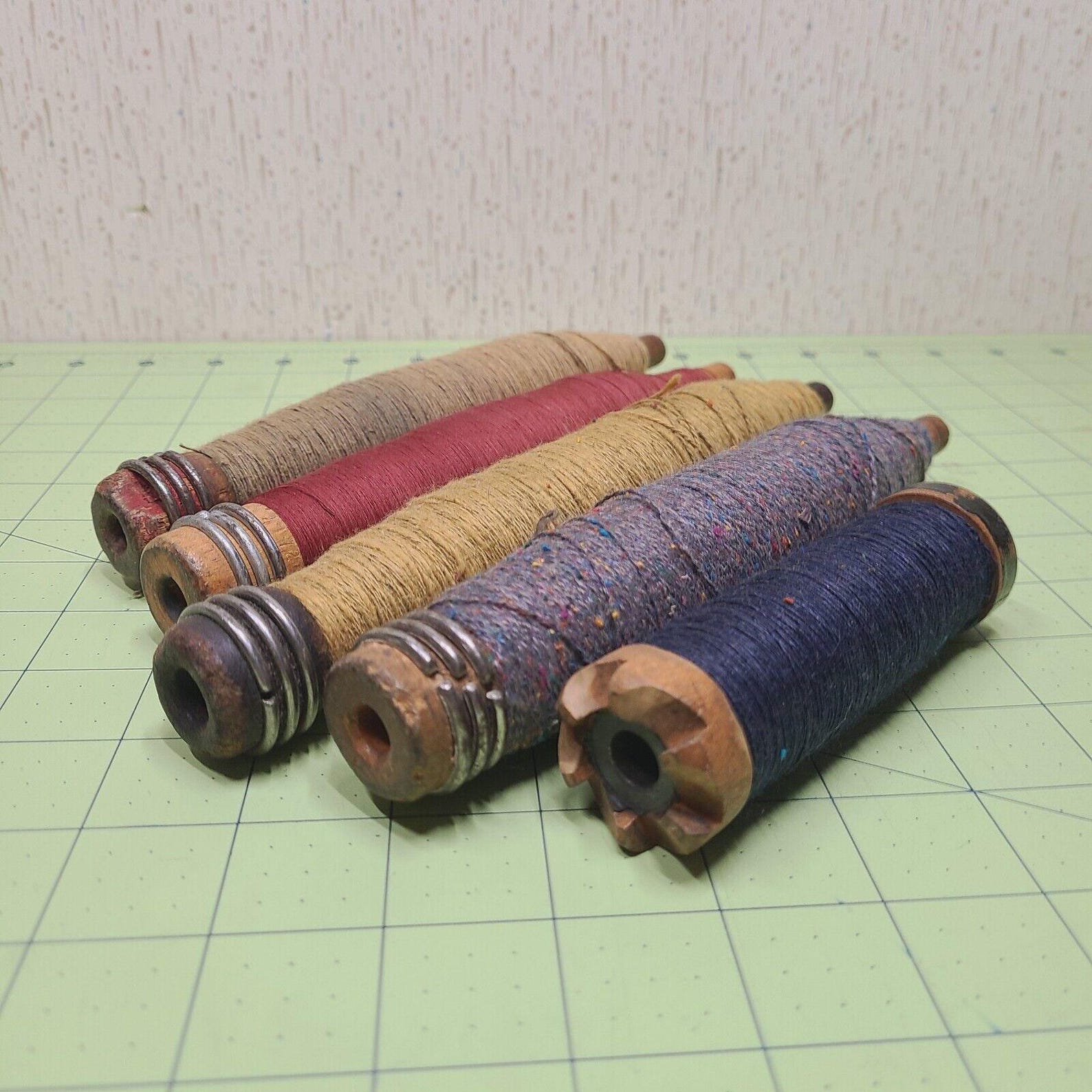 5 Vintage Antique Wooden Spools Textile Mill Thread Bobbin Spindle ...