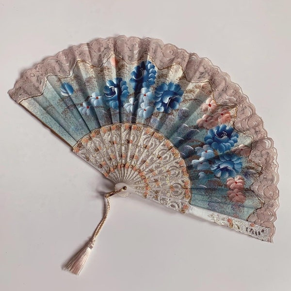 Vintage Hand Painted Floral Linen Fan with Lace Accents - Made in Spain - Bridal Accessories 1960s