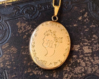 Vintage JFSS Gold Filled "M" Engraved Locket Pendant Necklace with Chain - Signed JFSS - Filigree Memorial Sweetheart Photo Locket 1905