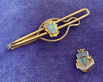 Vintage Turquoise Enamel Cross Tie Clip & Pin Set with Gold Details - Religious Catholic School Accessories - 1960s Lapel Pin Crucifix