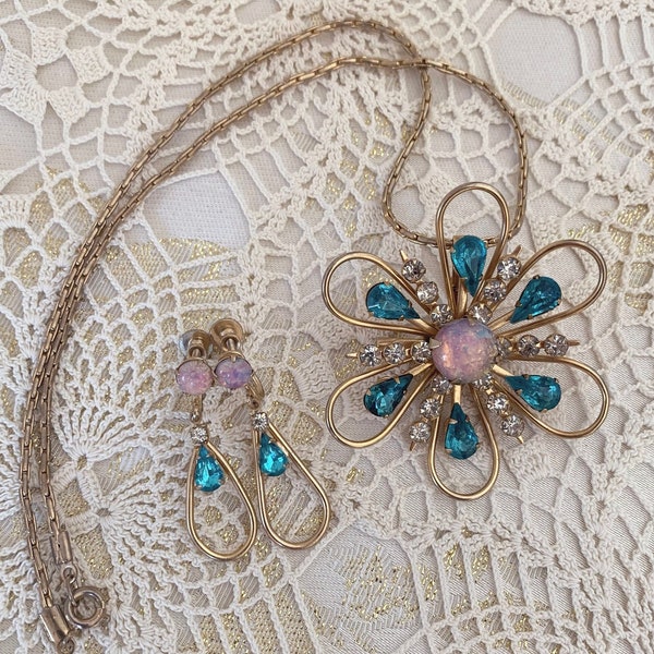 Vintage Faux Opal Floral Necklace / Brooch & Earring Set with Aqua and Clear Rhinestone Accents - Unsigned - Gold Tone 1960s