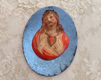 Vintage Jesus Chalkware Mirror Wall Hanging - Crown of Thorns - Gallery Wall - Sacred Heart Religious Church Decor 1940s