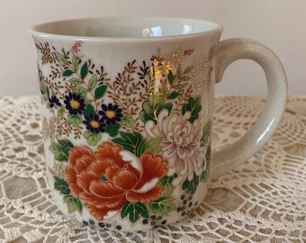 Vintage Peony Mug with Metallic Gold Floral Accents - Otagiri - Made in Japan