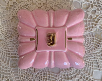 Vintage Pink Ceramic Trinket Box with Metallic Gold Accents - 1950s Bathroom Decor
