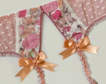 Rose Pink Valentine Kittens & Hearts Garter Belt - Pick Your Size