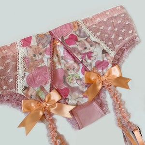 Rose Pink Valentine Kittens & Hearts Panty with Peach Accents Pick Your Size Made To Order Plus Size Available image 3