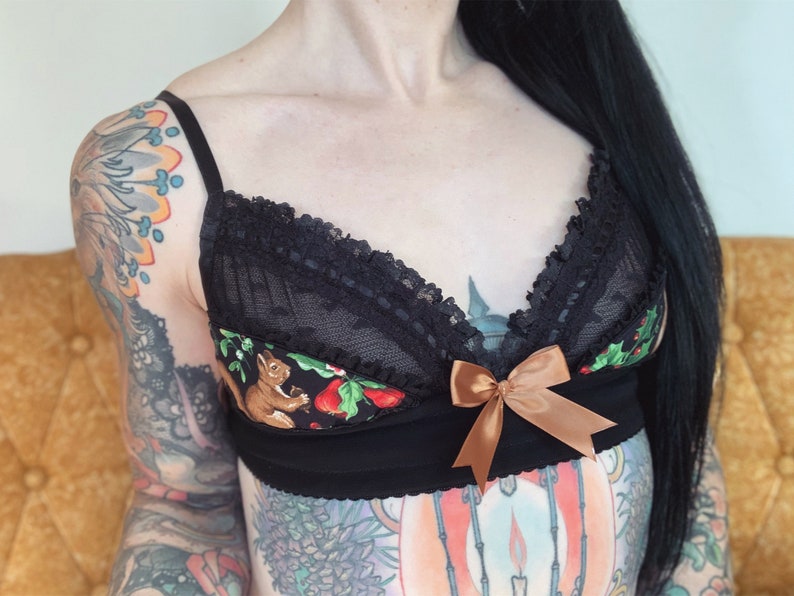 Black Heart & Vintage Holiday Woodland Print Bra Pick Your Size Vintage Christmas Reindeer Custom image 5