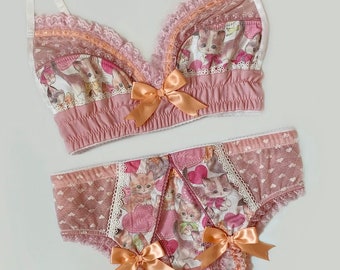 Rose Pink Valentine Kittens & Hearts Bra - Pick Your Size