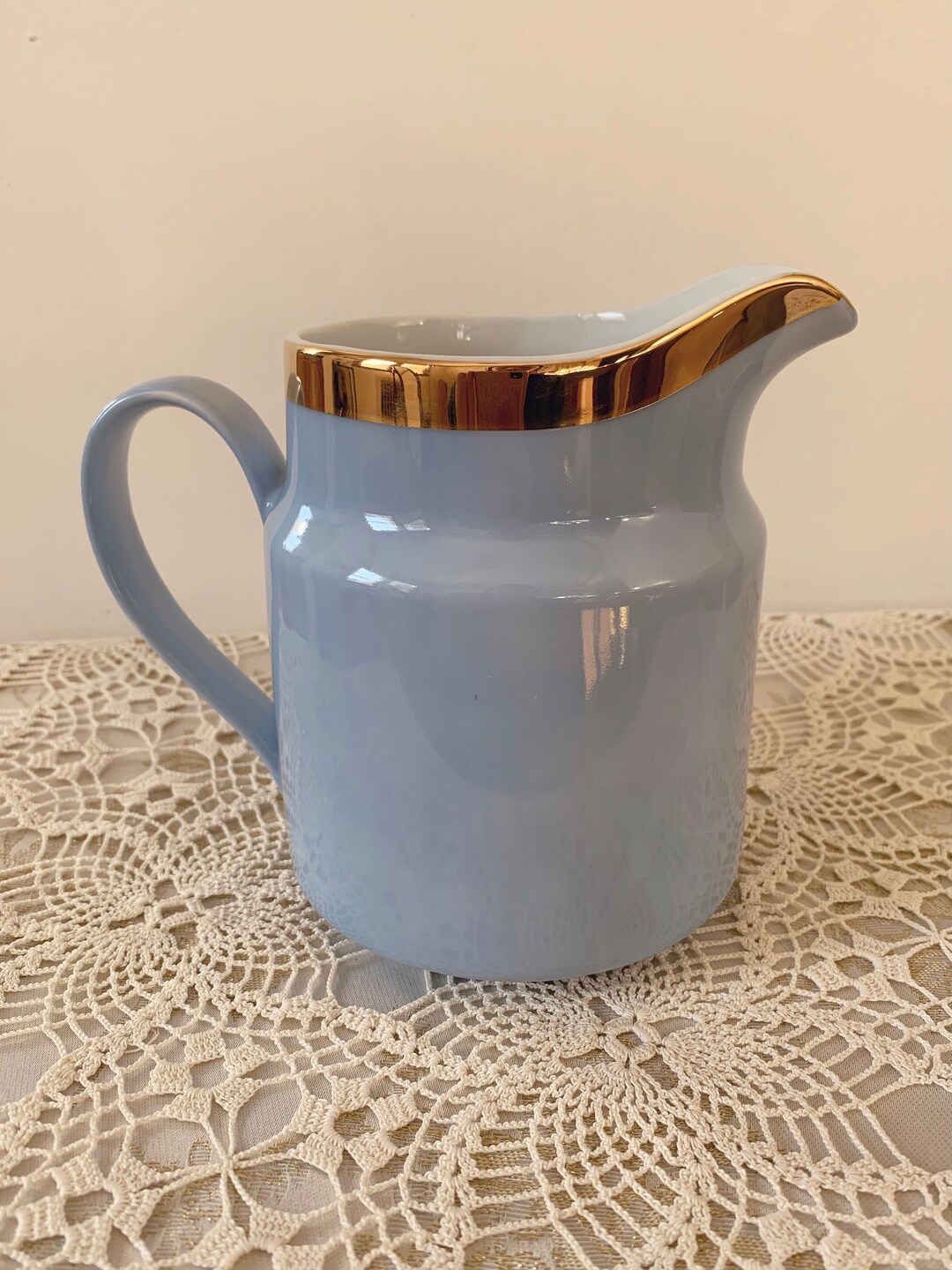 Vintage Robins Egg Blue Ceramic Pitcher With Metallic Gold Accents JI