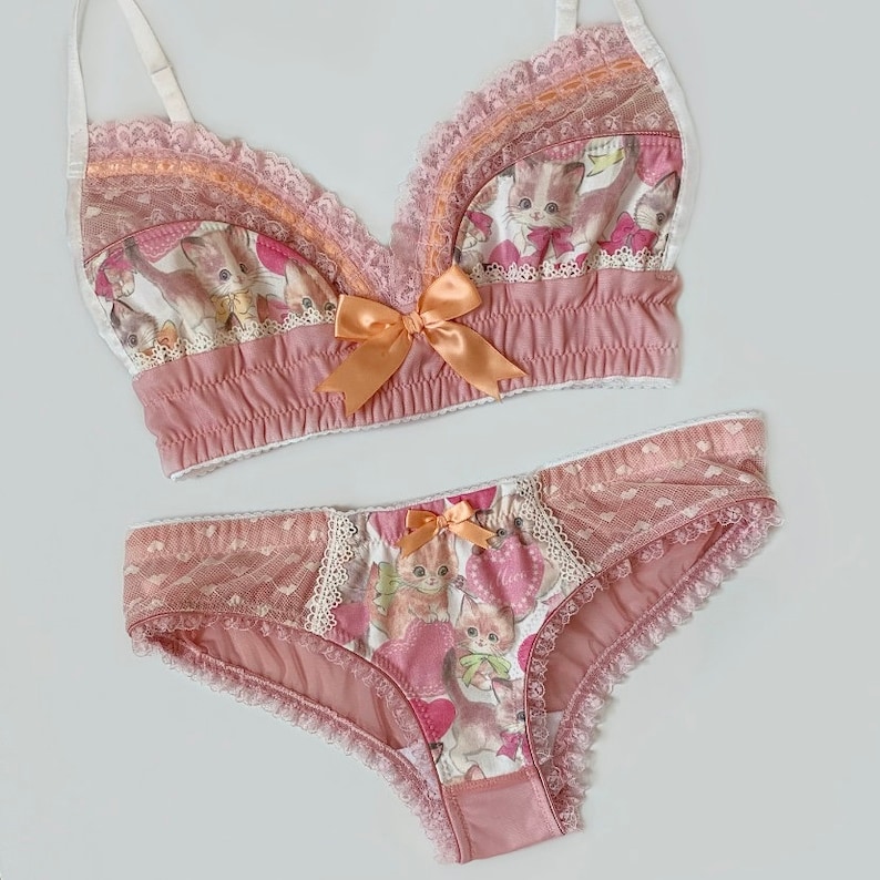 Rose Pink Valentine Kittens & Hearts Panty with Peach Accents Pick Your Size Made To Order Plus Size Available image 1