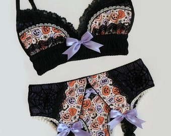 Black Velvet Spiderweb Trick-Or-Treat Bra with Metallic Purple Accents - Pick Your Size