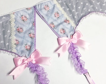 Grey & Light Pink Floral Garter Belt - Pick Your Size
