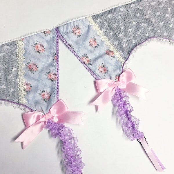Grey & Light Pink Floral Garter Belt - Pick Your Size