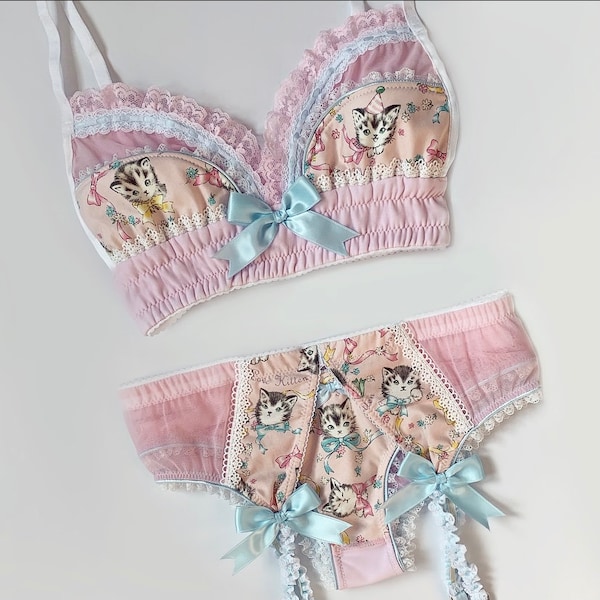 Pastel Pink Valentine Kitten Bra - Pick Your Size - Made To Order - Plus Size Available