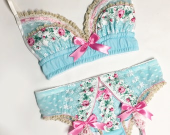 Light Turquoise with Pink Roses Bra - 34A - Ready To Ship