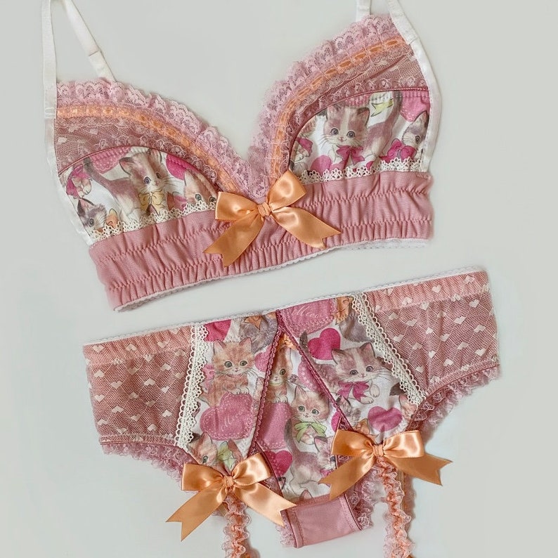 Rose Pink Valentine Kittens & Hearts Panty with Peach Accents Pick Your Size Made To Order Plus Size Available image 2