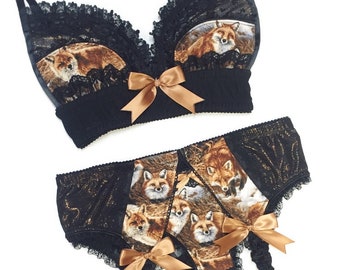 Black Heart Fox Bra with Metallic Rose Gold Accents - Pick Your Size