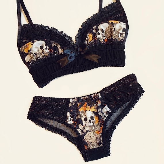 Black Lace Halloween Floral Skull Bra With Metallic Rose Gold Accents 36B  READY TO SHIP 