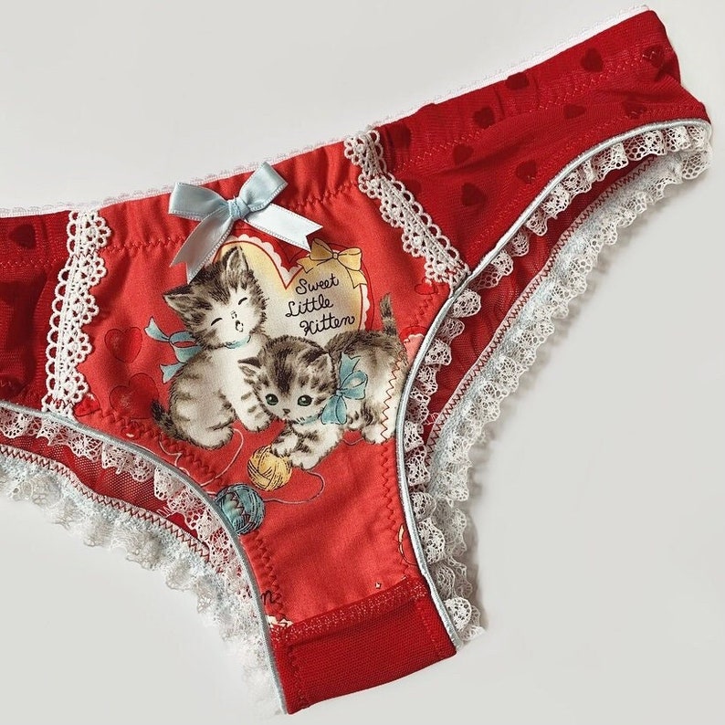 Red Heart Valentine Kitten Panty Pick Your Size Made To Order Plus Size Available image 1