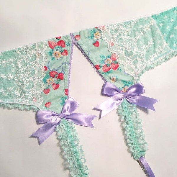 Mint Strawberry Print Garter Belt - Pick Your Size