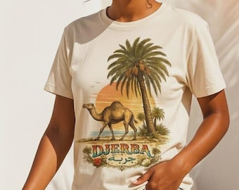 Djerba Tunisia T-Shirt - Vintage Camel and Palm Tree Sunset Graphic Tee - Retro Mediterranean Travel Shirt