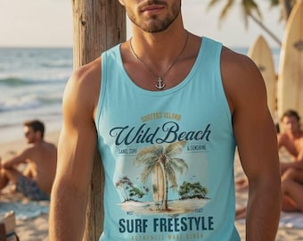 Camiseta sin mangas de estilo surf vintage, camiseta retro con estampado de palmeras tropicales, camiseta sin mangas con estética surfista costera, estilo libre de surf en la playa.