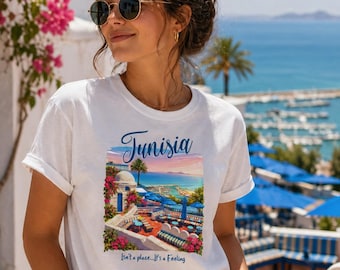 Sidi Bou Said Tunisia T-Shirt | Mediterranean Coast Travel Poster Tee | Blue and White Village Graphic | Tunisian Heritage Gift