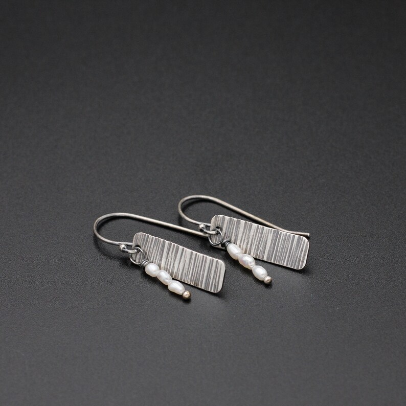 Oxidized Sterling Silver and Pearl Earrings; Tree Bark Earrings
