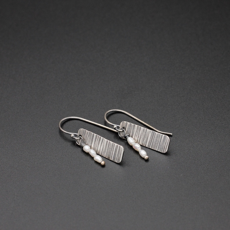 Oxidized Sterling Silver and Pearl Earrings; Tree Bark Earrings