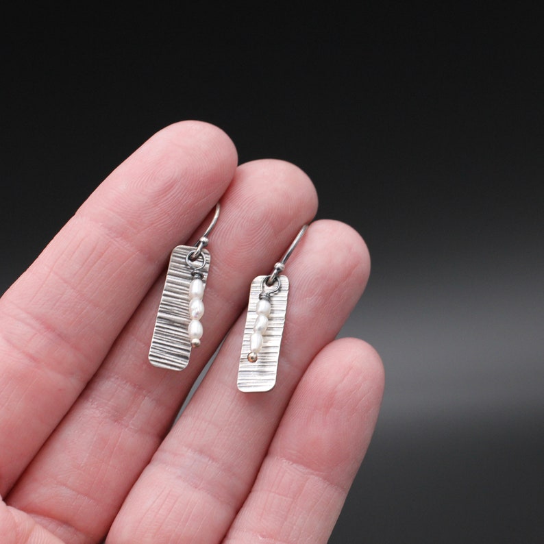 Oxidized Sterling Silver and Pearl Earrings; Tree Bark Earrings