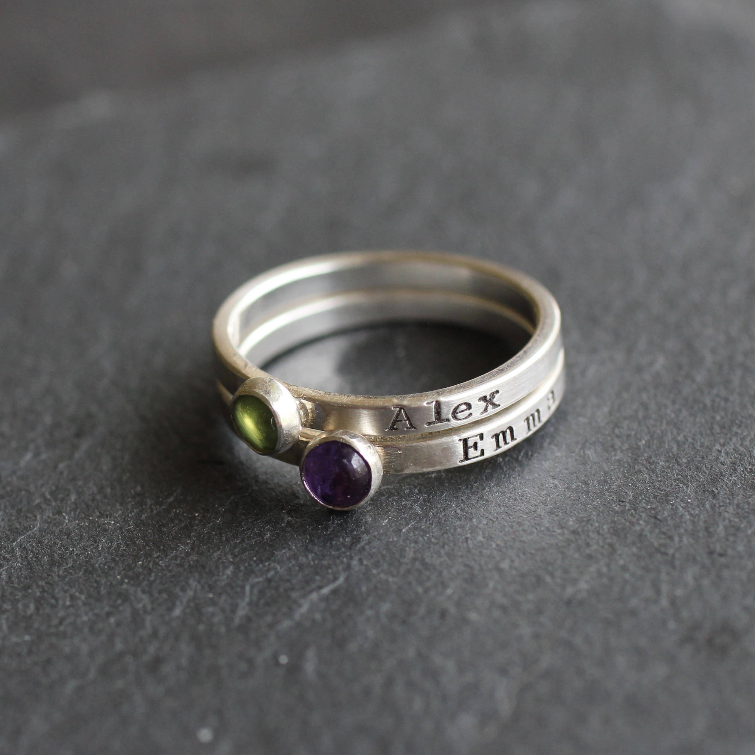 Tiny Personalized Birthstone Ring; Hand Stamped Name Ring With Births…