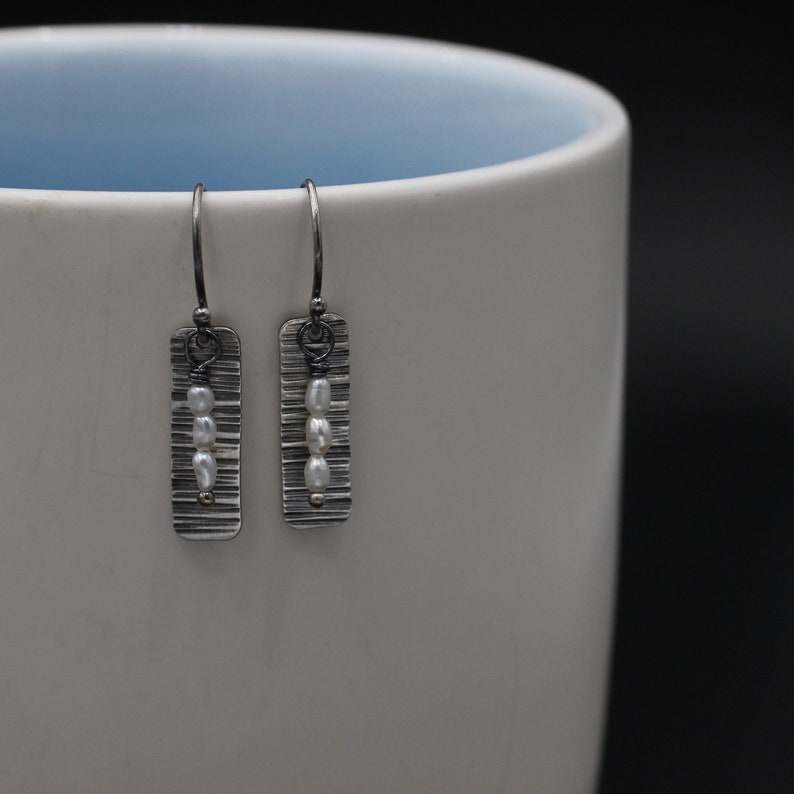 Oxidized Sterling Silver and Pearl Earrings; Tree Bark Earrings
