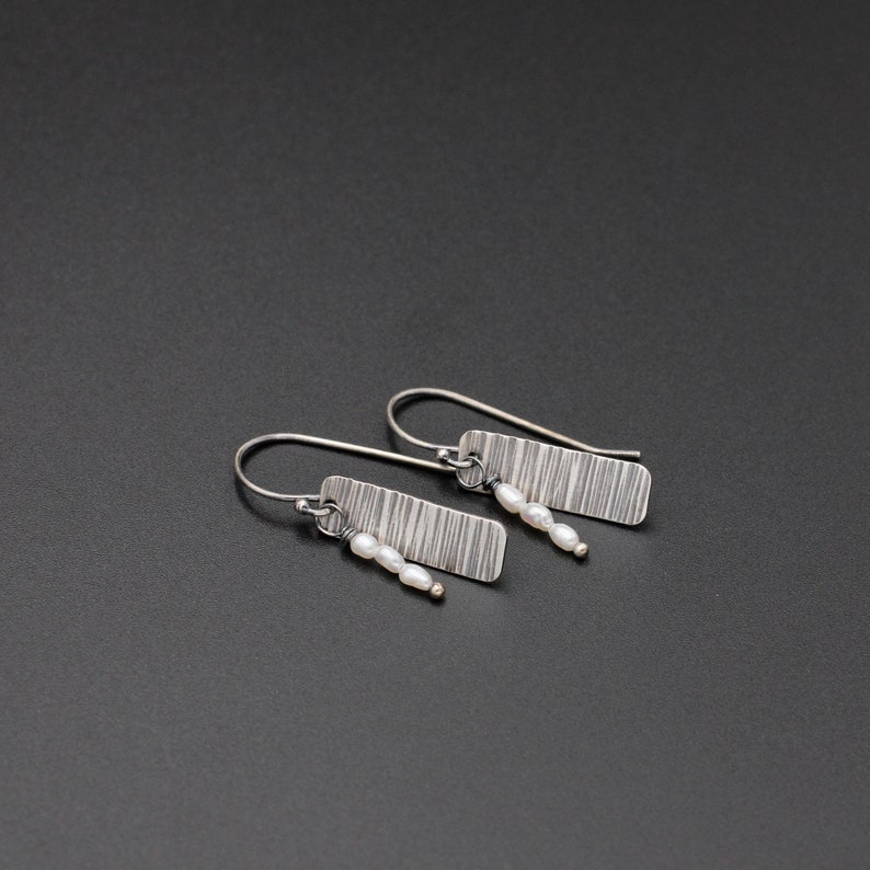 Oxidized Sterling Silver and Pearl Earrings; Tree Bark Earrings