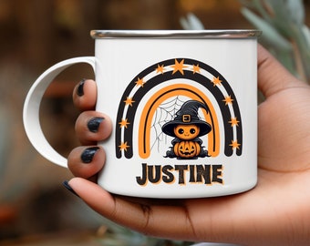 Caneca de Esmalte Personalizada de Halloween, Caneca Assustadora de Abóbora, Bruxa e Arco-Íris para Acampamento