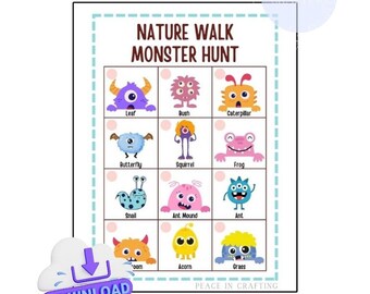 Nature Walk Monster Hunt Printable Game, Kids Scavenger Hunt (Instant Download)