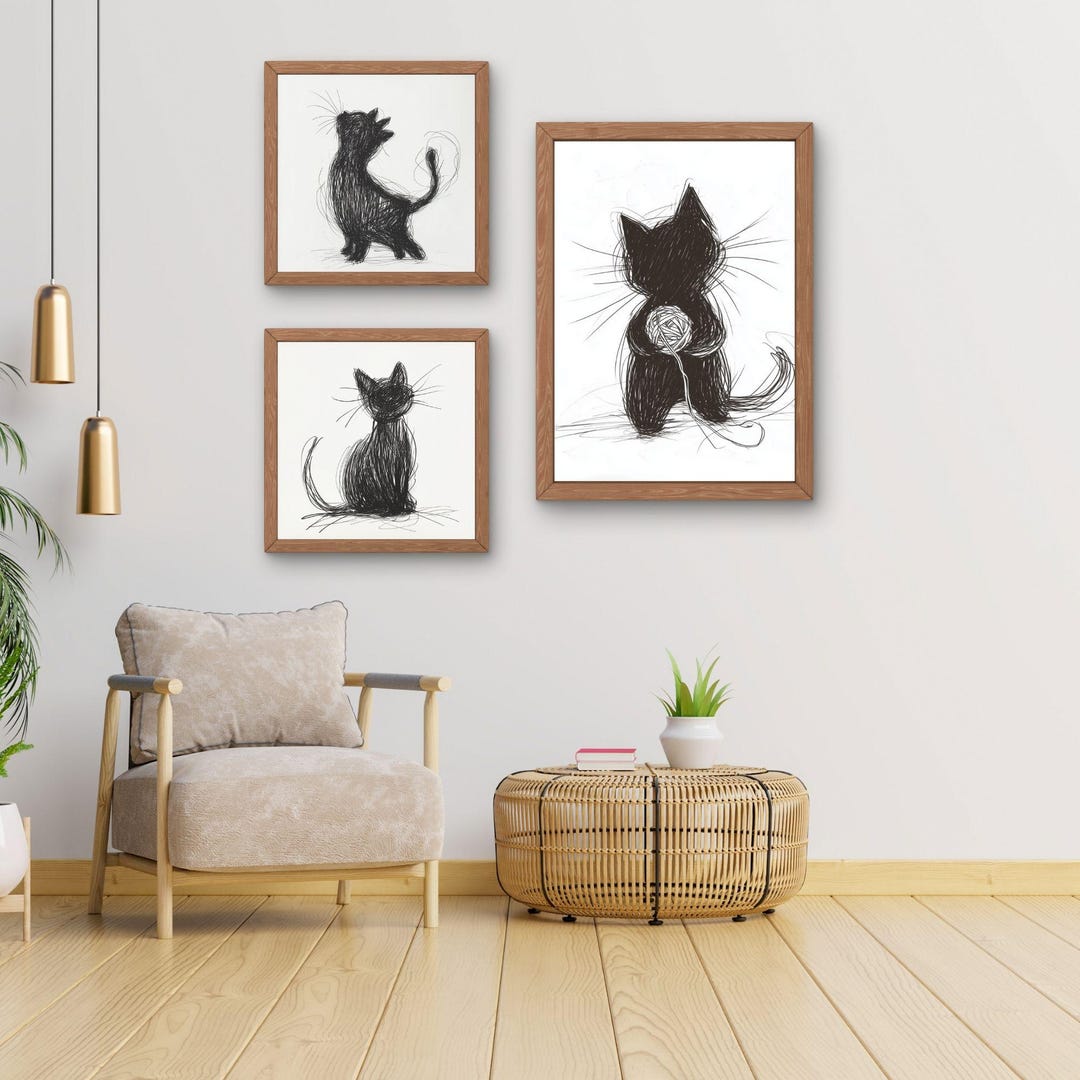 Minimalist Cat Line Art Print Set of 3: Black Sketch, Modern Home ...
