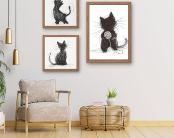Minimalistisches Katzen-Linienkunst-Kunstdruckset mit 3 Motiven: Schwarze Skizze, Modernes Zuhause (Digitaler Download)